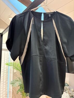 Adrienne Landau Black Short-Sleeve Top with Silver Fringe